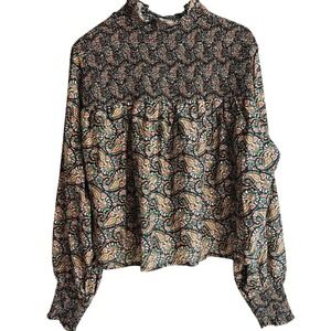 Saccharine Mock Turtleneck Silk Blend Blouse Smocking Size L Paisley Floral